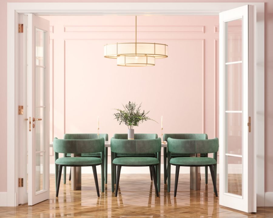 Entrance Of Dining Room With Dining Table, Green Velvet Chairs And Pink Wall In Background Vaughan Furniture Cleaning